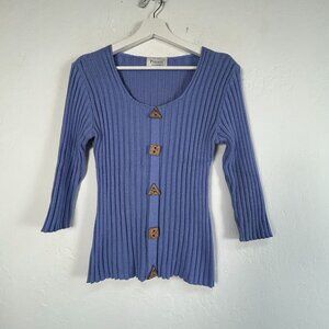 Putorti Womens Blue Ribbed Button Knit Sweater Top Small Scoop Neck 3/4 Sleeve